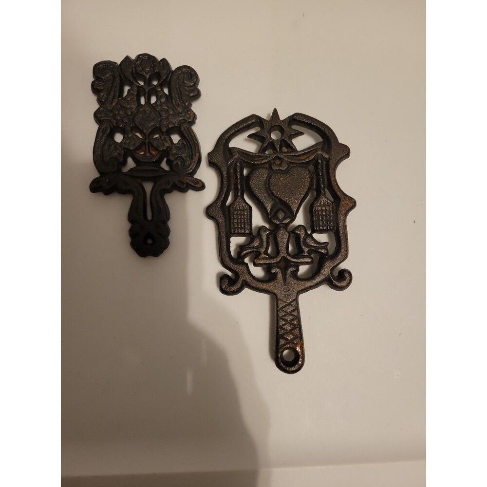 2 Vintage Black Cast Iron Metal Trivets- Grapes & Leaves, Birds & Hearts, Wilton